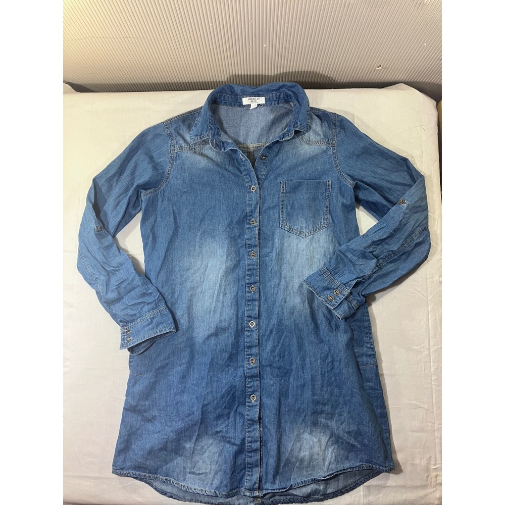 American Blue Denim Jean Shirt‎ Dress Size L Long Sleeve Collared Button Up
